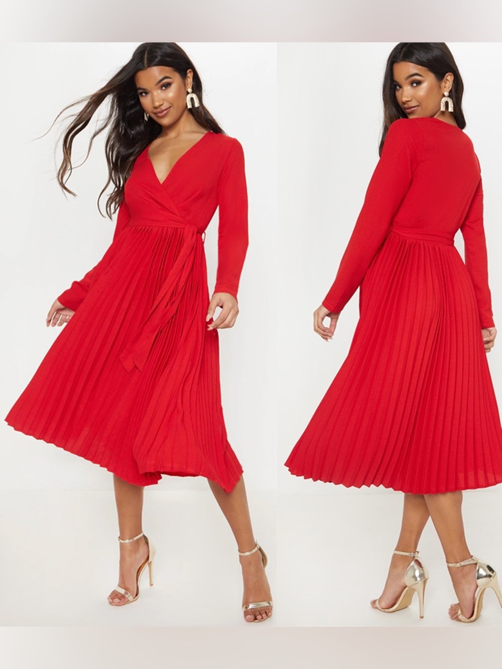 Pretty Little Thing Red Pleated Wrap Midi Dress